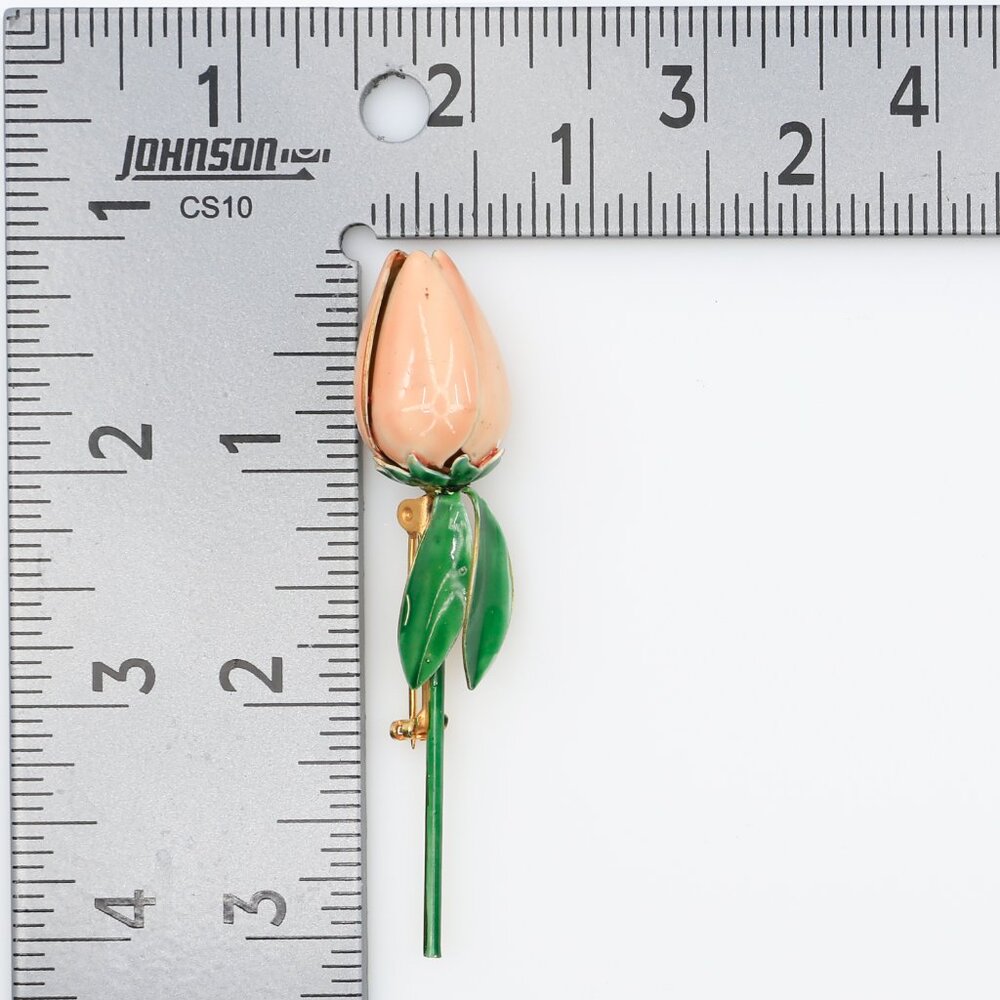 Vintage Sandor Pink Enamelled Bud Brooch With Green Sepals and Stem 1950s - Picture 4 of 4